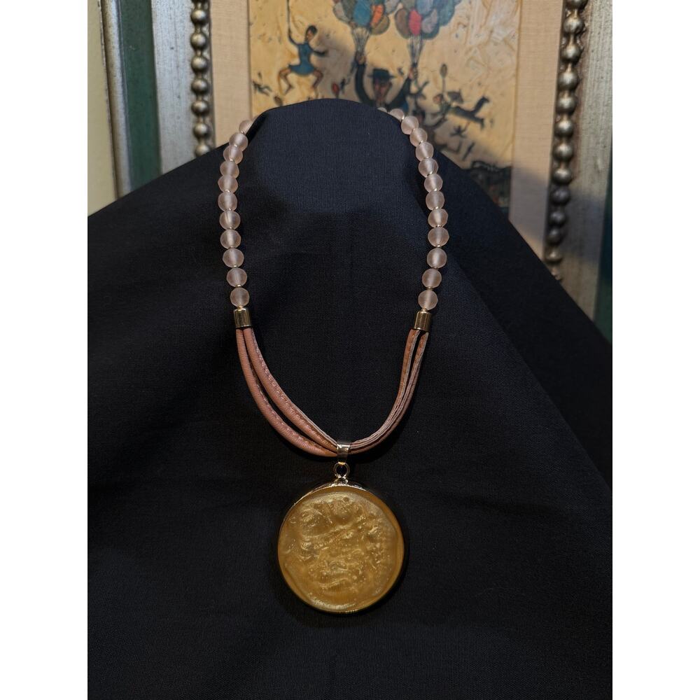 Blush Beaded Pendant Necklace | Faux Stone Medallion | Adjustable